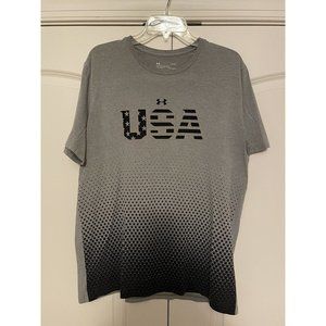 Under Armour Shirt Men's L Loose Heatgear Tee USA  American Flag Logo Gray Blue
